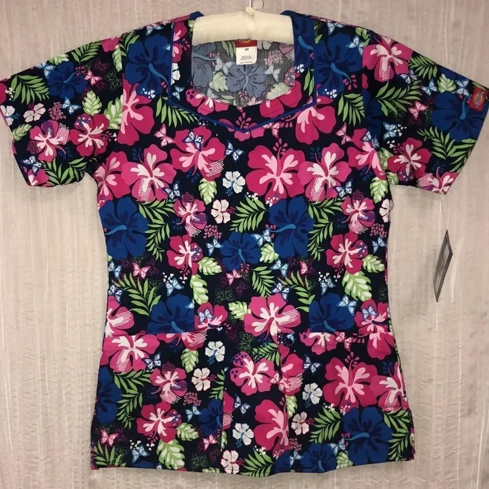 Dickies XS Cotton Floral Scrub Top Blue Green Fuchsia Pink White